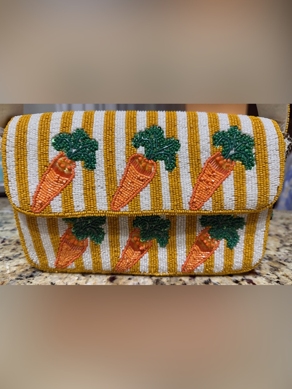 NWT Viral Beaded Striped Carrot Garden Shoulder Bag Purse Charm Yellow